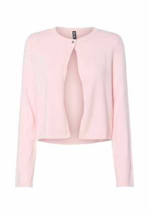 Rosa Langarm-Cardigan aus weichem Material, mit rundem Ausschnitt und einer vorderen Öffnung, die mit einem kleinen Knopf gesichert ist.