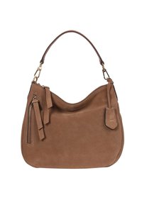 Brown suede shoulder bag with a curved shape, featuring a zip pocket with tassel accents and a short leather handle. Gold-tone hardware.