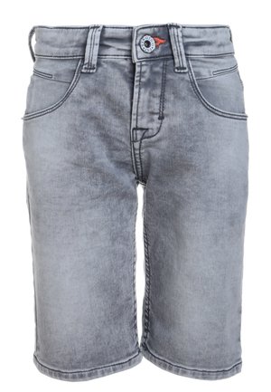 Jasnoszare szorty jeansowe z przednimi kieszeniami, szlufkami na pasek i zapięciem na guzik, o lekko przetartym wyglądzie.