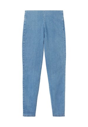 Jeans skinny de mezclilla azul claro con una textura suave, que cuentan con una cintura alta y sin hardware o adornos visibles.