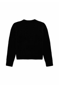 Zwart, kort sweatshirt met lange mouwen. Gemaakt van zachte, pluizige stof. Heeft een ronde halslijn en geribbelde manchetten. Achteraanzicht weergegeven.