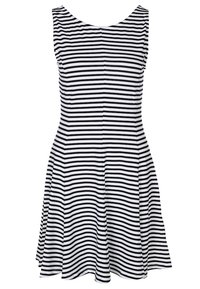 Pasiasta sukienka w czerni i bieli, z dekoltem łódką, bez rękawów oraz rozkloszowanym dołem. Gładki materiał z dopasowanym gorsetem.