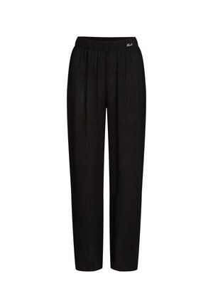 Zwarte geplooide broek met een rekbare tailleband, gemaakt van lichtgewicht stof, met een zachte textuur en een relaxte pasvorm.