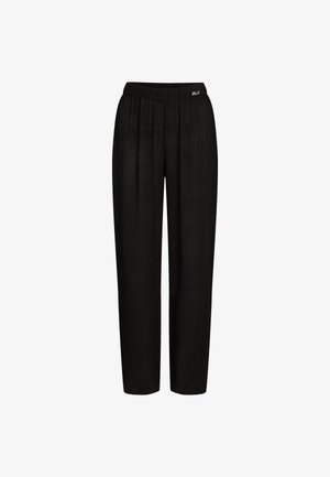 Black pleated trousers with a stretchy waistband, made from lightweight fabric, featuring a smooth texture and relaxed fit.