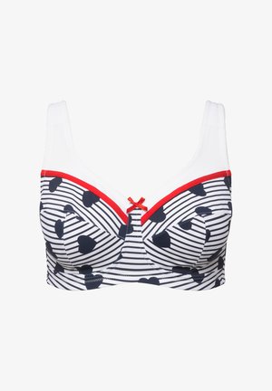 Striped bra with navy and white stripes featuring heart patterns. Red trim along the bust and a small bow detail at the center. Soft fabric.