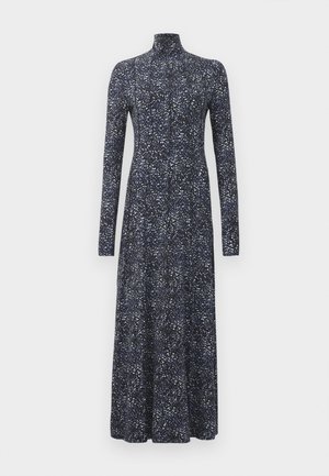 Long-sleeved, high-neck dress in dark blue with a scattered white and light blue pattern. Made from stretchy, soft fabric; floor-length design.