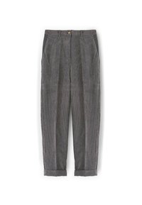 Graue Cord-Hosen mit vertikalen Streifen, ausgestattet mit lockerer Passform, vorderen Falten und aufgerollten Bündchen für ein maßgeschneidertes Erscheinungsbild.