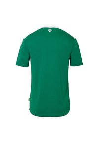 Jersey vert à manches courtes avec un col rond, présentant des accents blancs sur les épaules et un logo dans le dos. Texture de tissu lisse.