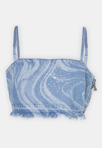 Lys blå denim crop top med et bølgete mønster, frynset kant, justerbare stropper og spredte rhinestones