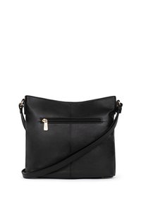 Borsa a tracolla nera in pelle con superficie testurizzata, tasca frontale con zip, base piatta e tracolla regolabile.