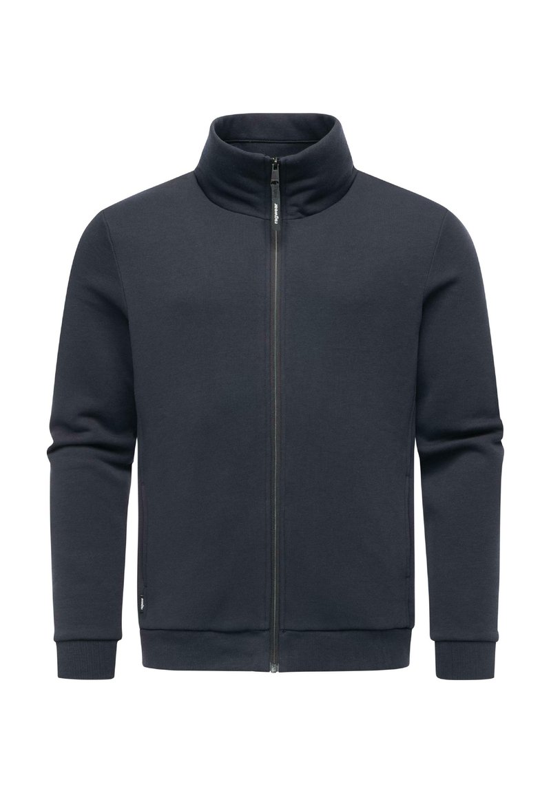 Felpa con zip di un blu navy scuro, con colletto alto, maniche lunghe, polsini a coste e una superficie liscia. Presenta tasche laterali e una chiusura a zip frontale.