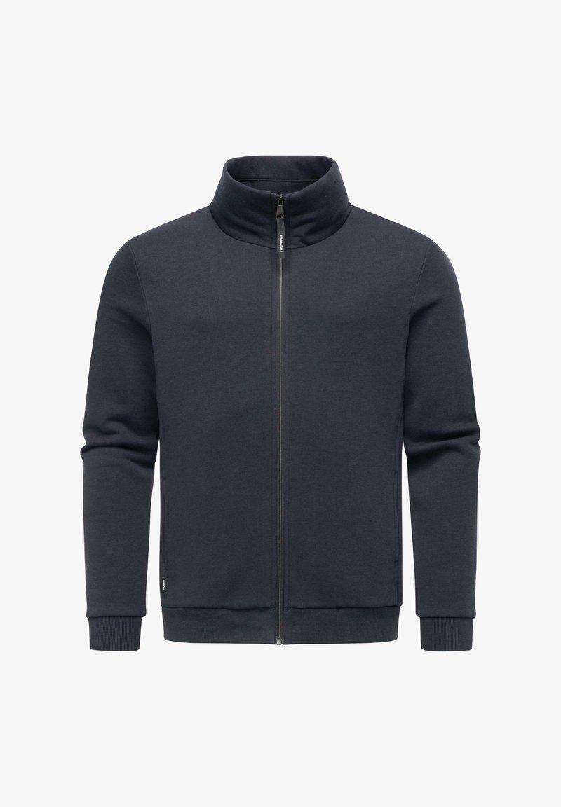 Felpa con zip di un blu navy scuro, con colletto alto, maniche lunghe, polsini a coste e una superficie liscia. Presenta tasche laterali e una chiusura a zip frontale.