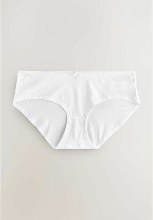 Weiße Baumwoll-Hipster-Unterwäsche mit seitlicher Abdeckung, einer Spitzenverzierung an der Taille und einer kleinen Schleifen-Akzent in der Mitte vorne.