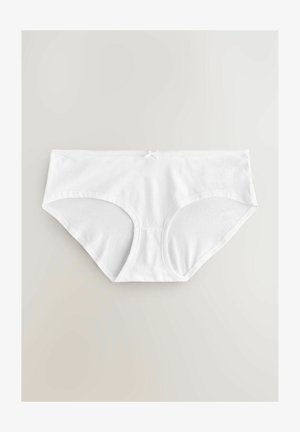 Weiße Baumwoll-Hipster-Unterwäsche mit seitlicher Abdeckung, einer Spitzenverzierung an der Taille und einer kleinen Schleifen-Akzent in der Mitte vorne.