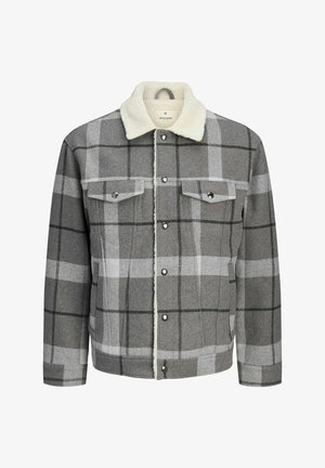 Veste à carreaux gris et blanc avec fermeture à boutons et col en sherpa crème, dotée de deux poches poitrine à boutons.