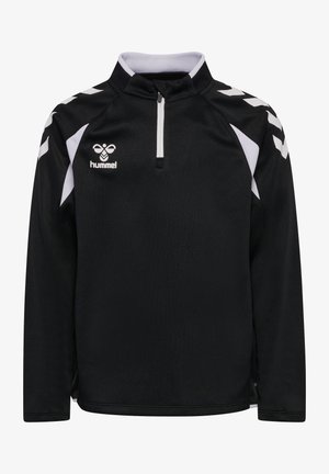 Zwarte sportpullover met lange mouwen, witte accenten, een kwart ritssluiting, het hummel-logo op de linkerborst en chevronpatronen op de schouders.