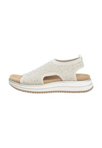 Sandal blanc à bout ouvert avec une tige en tricot respirant, présentant des découpes, une semelle intérieure rembourrée douce et une semelle en caoutchouc texturée.