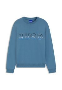 Modrá mikina z jemnej bavlnenej zmesi, zdobená výrazným logom "HUGO" v kontrastných farbách, okrúhlym výstrihom a rebrovanými manžetami a lemom.