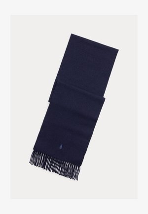 Granatowy szalik wykonany z miękkiego materiału, z frędzlami na końcach i subtelnym logo. Gładka faktura, prostokątny kształt i uniwersalny design.