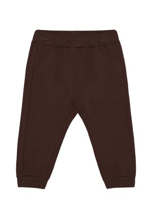 Brune småbørnsbukser med elastisk talje og ribkanter, lavet af blødt stof for komfort og bevægelsesfrihed.