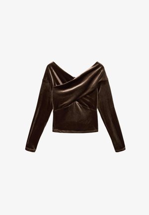 Ruskea, pitkähihainen paita, jossa on liehuva pääntie ja pehmeä samettinen kangas. Siinä on istuva malli ja tasainen pinta.