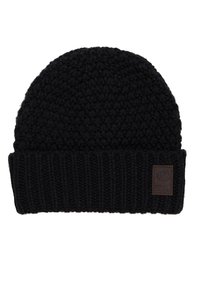 Czarna dzianinowa czapka beanie z teksturowanym, wypukłym wzorem, ściągaczem i brązową skórzaną łatką z logo z boku.