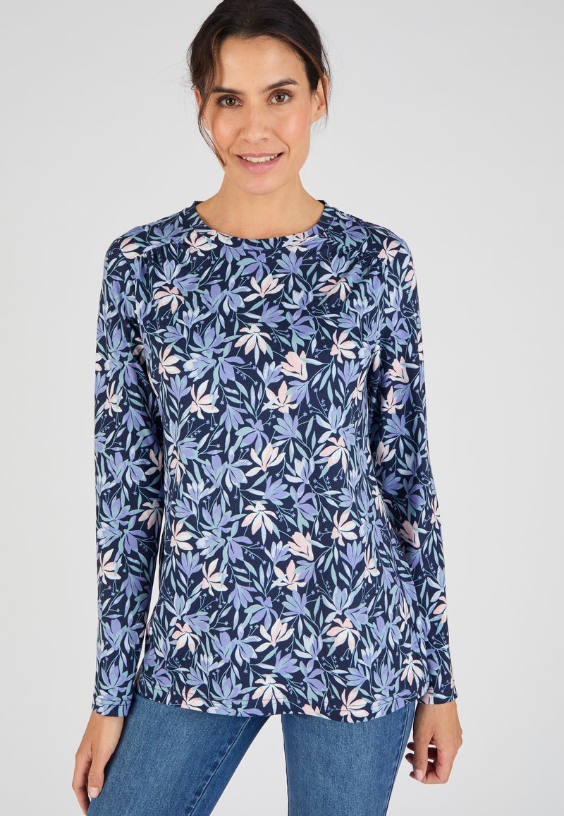 Langermig shirt in marineblauw met een bloemenpatroon in pasteltinten. Gemaakt van zachte stof met een ronde halslijn en een getailleerd ontwerp.