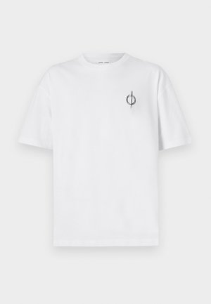 White cotton t-shirt with a relaxed fit, featuring a small black graphic logo on the left chest area. Short sleeves, crew neck style.