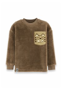 Sudadera de forro polar marrón con cuello redondo, mangas largas y un bolsillo frontal con un diseño de un gato sonriente. Puños y dobladillo de canalé.