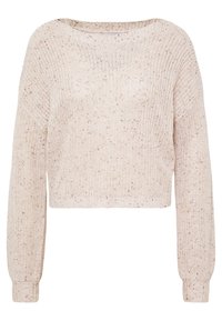 Beige cropped knit sweater with long sleeves and subtle flecked pattern in brown and orange tones.