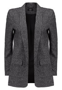 Grå kavaj i texturerad  tyg med spetsig krage, två framfickor och öppen framsida, med en svart inredning.