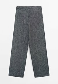 Dark gray, wide-leg pants made of textured fabric, featuring a button closure and two back pockets. Clean, straight silhouette.