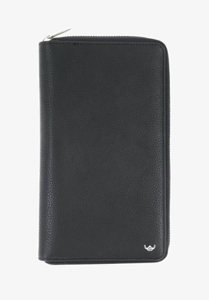 Portefeuille zippé en cuir noir texturé avec des bords arrondis et un petit logo argenté dans le coin inférieur droit.