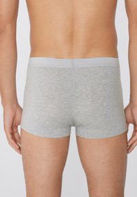 Szare bawełniane bokserki z miękkim pasem, charakteryzujące się gładką fakturą i dopasowanym krojem, odsłaniające skórę na nogach i dolnej części pleców.
