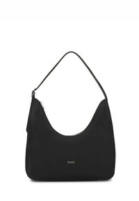 Čierna kabelka hobo z hladkej kože, s oblým tvarom, zapínaním na zips a jemným logom značky na prednej strane.