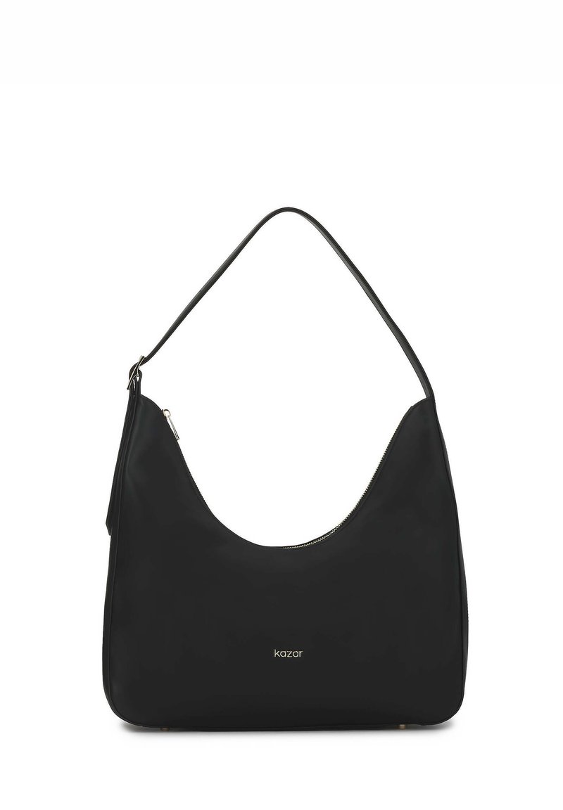 Čierna kabelka hobo z hladkej kože, s oblým tvarom, zapínaním na zips a jemným logom značky na prednej strane.