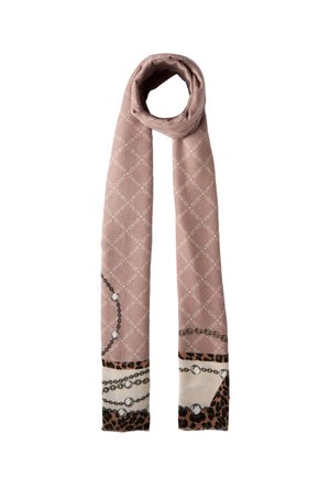 Écharpe marron clair avec un petit motif de texte répétitif, décorée de motifs de chaînes et de bijoux, et avec des accents de léopard aux extrémités.