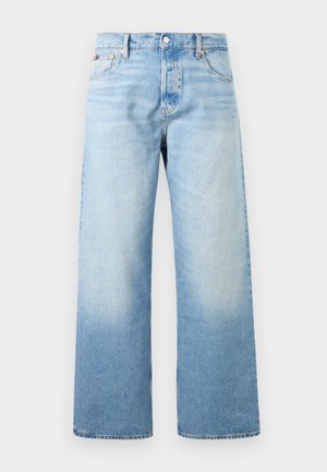 Jasnoniebieskie dżinsy z denimu o wysokim stanie, prostych szerokich nogawkach, przednich kieszeniach oraz zapięciu na guziki i zamek błyskawiczny.