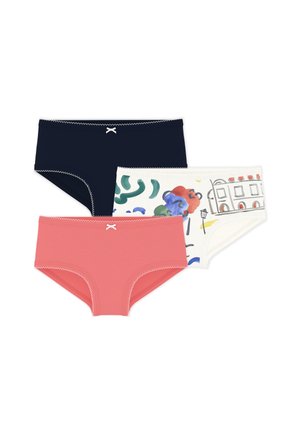 Trois culottes hipster pour femmes en bleu marine, rose corail et blanc avec un imprimé abstrait multicolore et de bâtiments, chacune avec un petit nœud blanc au centre devant.