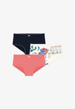 Drei Damen Hipster-Unterhosen in Marineblau, Korallenrosa und Weiß mit mehrfarbigem abstraktem und Gebäude-Print, jeweils mit einer kleinen weißen Schleife vorne in der Mitte.