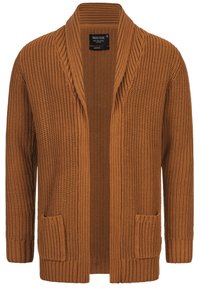 Sweter zapinany na szwy w bogatym odcieniu brązu, z kołnierzem szalowym, prążkowaną teksturą, otwartym przodem i dwiema przednimi kieszeniami.