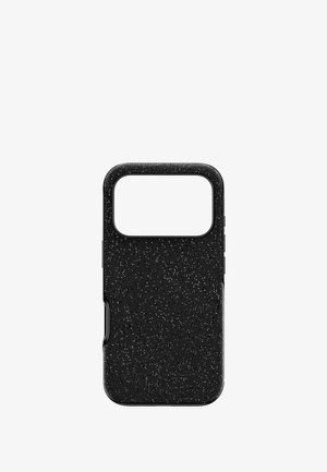 Zwarte telefoonhoes met een textuuroppervlak, voorzien van een vierkante uitsparing voor de camera en zijknoppen. Voorzien van een subtiel glinsterend effect.