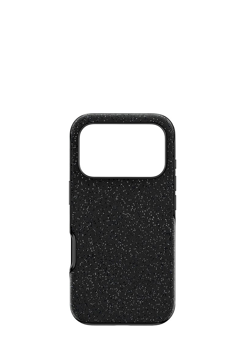 Czarny pokrowiec na telefon z fakturowaną powierzchnią, z kwadratowym wycięciem na aparat i boczne przyciski. Ozdobiony subtelnym efektem brokatu.