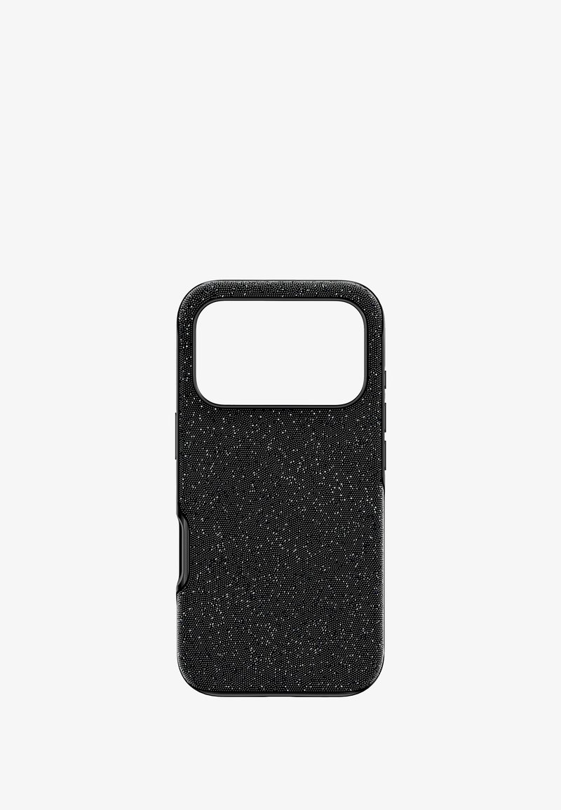 Czarny pokrowiec na telefon z fakturowaną powierzchnią, z kwadratowym wycięciem na aparat i boczne przyciski. Ozdobiony subtelnym efektem brokatu.