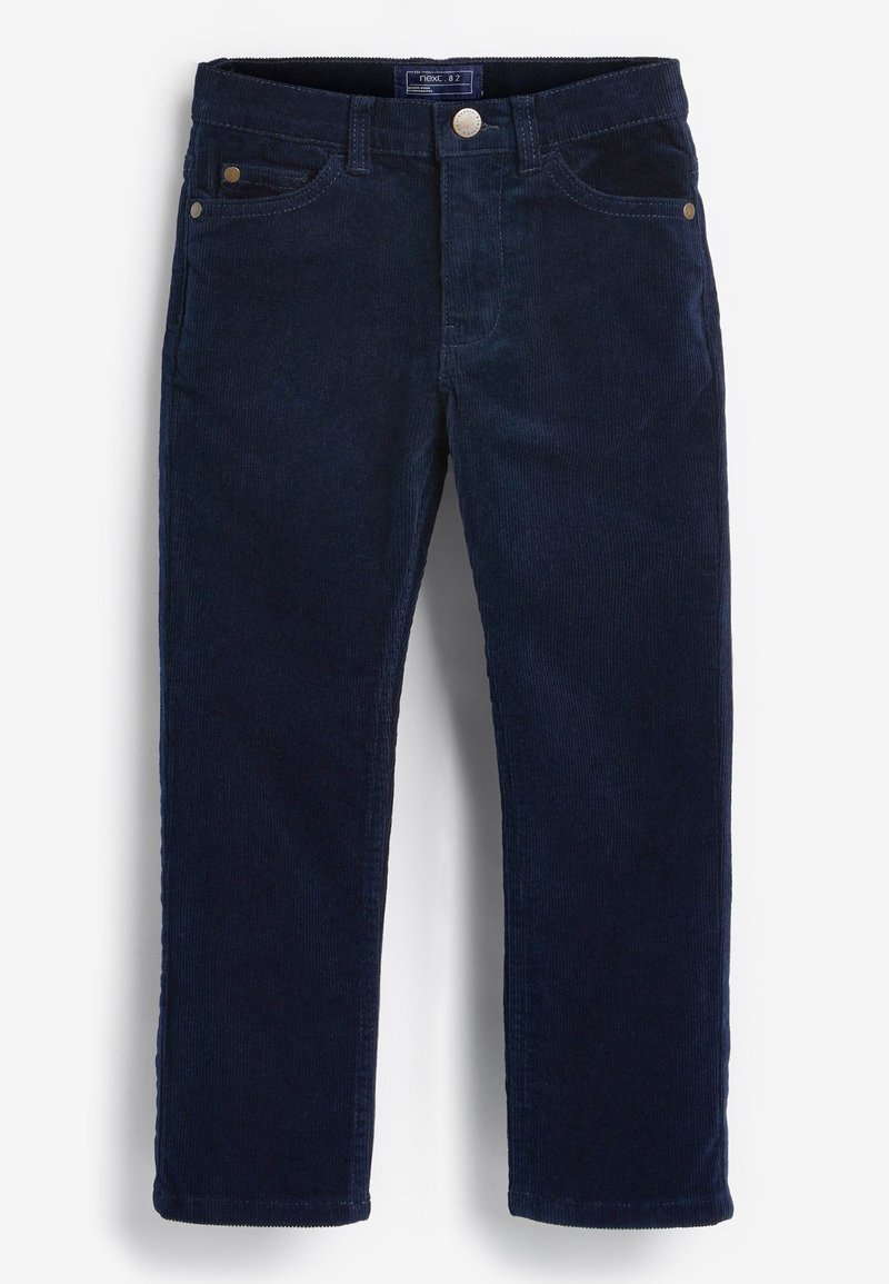 Pantalon en velours côtelé bleu marine pour tout-petit avec poches avant, passants pour ceinture et fermeture par bouton à la taille.