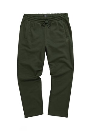 Tmavě zelené tepláky s elastickým pasem a stahovací šňůrkou, dvěma předními kapsami a jemným logem "JP" na levém stehně.