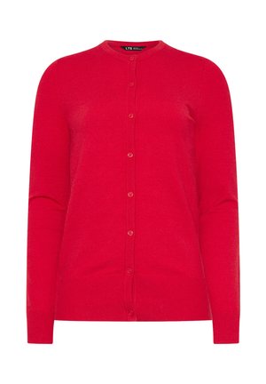 Cardigan rosso a maniche lunghe con bottoni, scollo rotondo e polsini e orlo a costine.