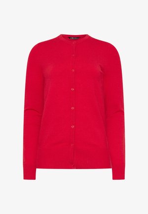 Cardigan rosso a maniche lunghe con bottoni, scollo rotondo e polsini e orlo a costine.