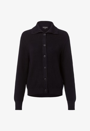 Schwarzer Strickcardigan mit einem Kragenhals, Knopfverschluss, gerippten Bündchen und Saum. Verfügt über sieben Knöpfe an der Vorderseite. Weiche Textur.