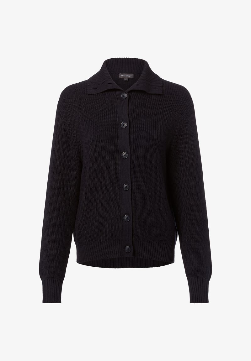 Czarny sweter z dzianiny z kołnierzykiem, z przodu zapinany na guziki, z prążkowanymi mankietami i dołem. Posiada siedem guzików z przodu. Miękka tekstura.